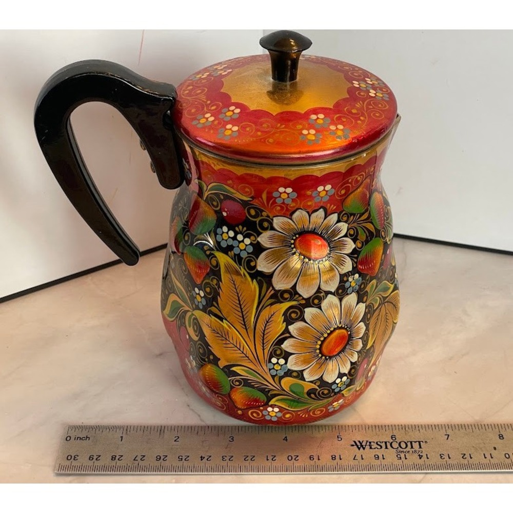 Vintage Russian Khokhloma Hand Painted Lacquer Floral Red Gold Jug Pitcher w Lid - Picture 13 of 16